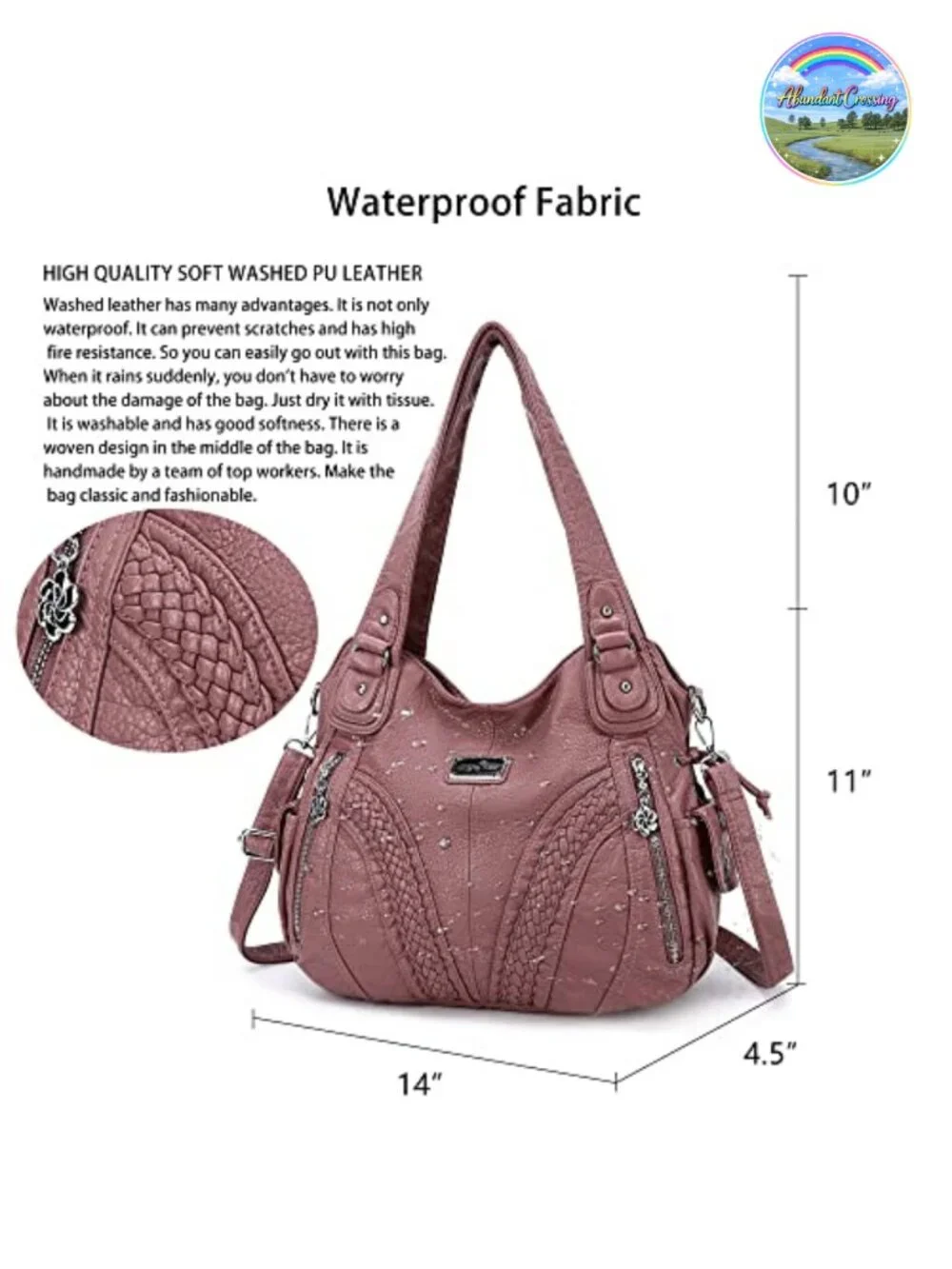 Washed PU Leather Tote Hobo Bag with Crossbody Strap